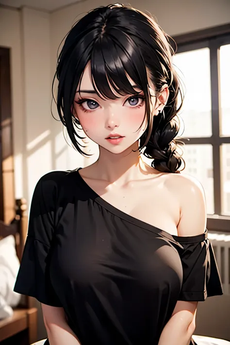 Sexy woman, black hair, single braid, seductive eyes, intense gaze, mouth parted, deep blush, flustered, beautiful face, amazing makeup, off shoulder t shirt