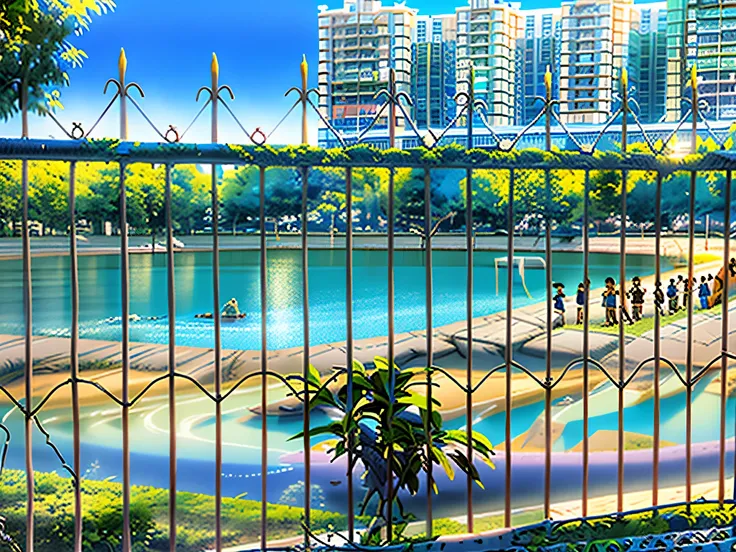 masterpiece，best quality，high detail，Makoto Shinkai anime art，early morning，liuyun，The beauty of flow，grassland，playground，grassland，There&#39;s someone inside the fence（grassland)and（红色playground)walk, with a park in the back ground, stadium landscape, wi...