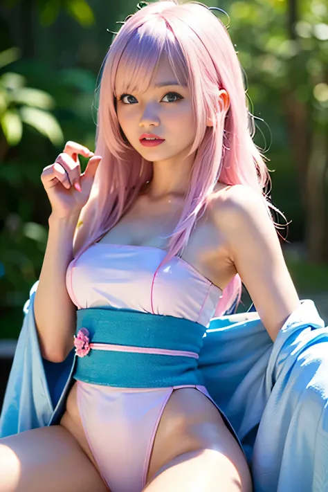 (UHD, 32k, realistic, highest quality: 1.4), (Japanese,woman,pink and white hair, (blue eyes)),((Please show me your armpits),whole body,open your legs,bite),((transparent clothes 2))
