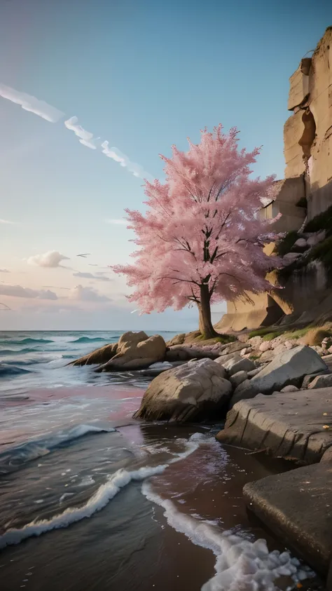 an amazing pink tree on a rock on the beach, in the style of realistic depiction of light, passage, faith-inspired art, abandoned spaces, light-filled scenes, immersive environments, flower and nature motifs --ar 14:25  