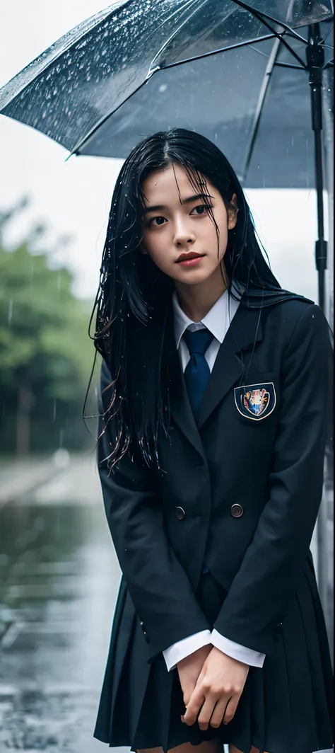 1girl, long black hair, uniform, shy, blush, wet, rain, transparent, (masterpiece, best quality), soft light, cinematic composition, cinematic light