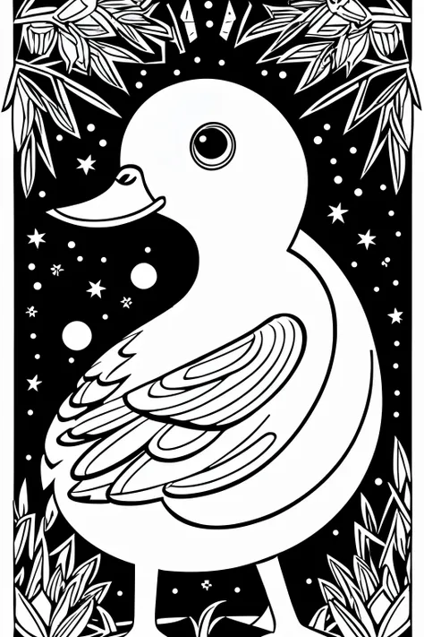  create a picture of a coloring book page with a smiling  duck, in Disney style simple line illustration style, with puzzle pieces and a very bold line. It will only be in black and white, sem cinza, and you will have a high quality full body view