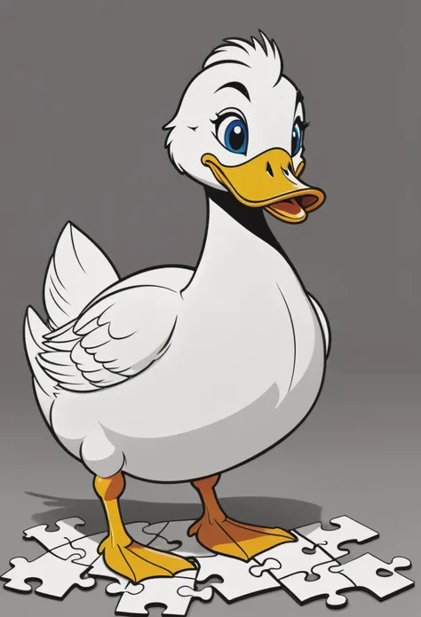  create a picture of a coloring book page with a smiling  duck, in Disney style simple line illustration style, with puzzle pieces and a very bold line. It will only be in black and white, sem cinza, and you will have a high quality full body view