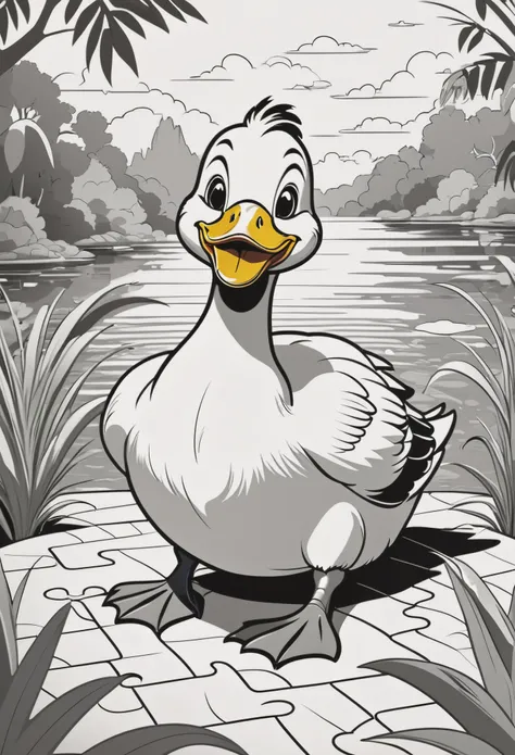  create a picture of a coloring book page with a smiling  duck, in Disney style simple line illustration style, with puzzle pieces and a very bold line. It will only be in black and white, sem cinza, and you will have a high quality full body view