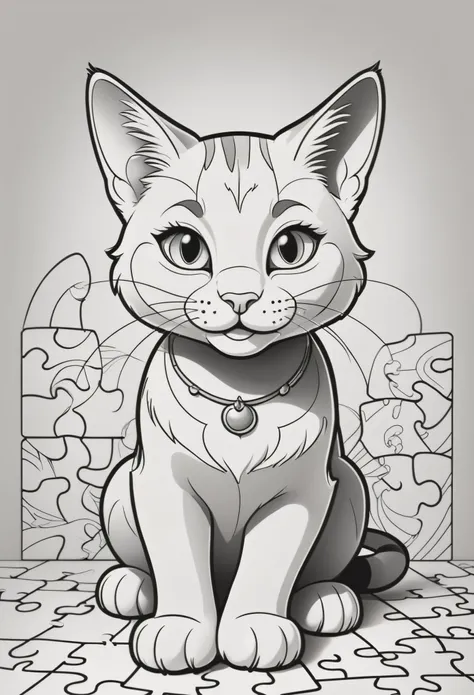   create a picture of a coloring book page with a smiling cat, in Disney style simple line illustration style, with puzzle pieces and a very bold line. It will only be in black and white, sem cinza, and you will have a high quality full body view