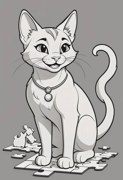 create a picture of a coloring book page with a smiling cat, in disney style simple line illustration style, with puzzle pieces ...