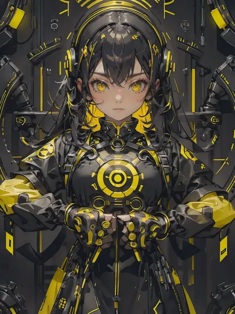 1gothic girl with black and yellow techwear clothes, circles neon in background