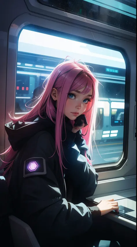 train du futur, Cyberpunk,  sitting by the window,  pose pensives, Look at the stars, Head glued to the glass, Landscape passing by at high speed, voyage de nuit, beautiful starry sky, Une belle fille avec, UHD Portrait, (High quality) (ultra details) Rega...