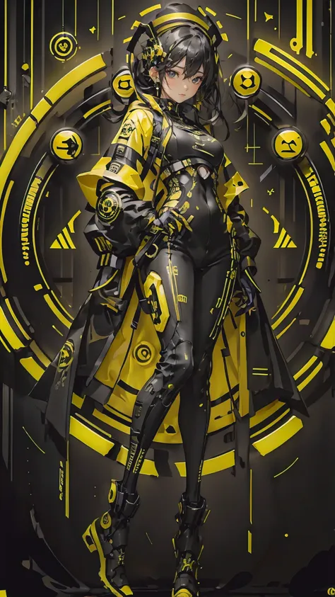 1gothic girl with black and yellow techwear clothes, circles neon in background