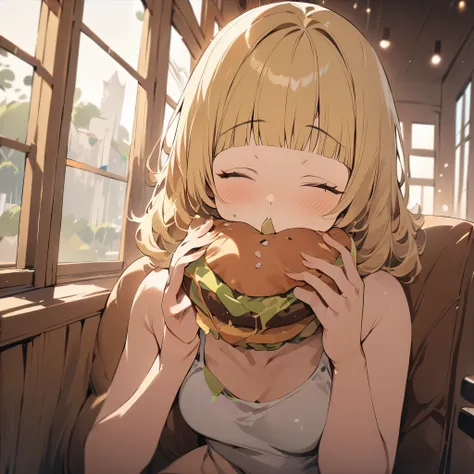 (masterpiece), (best quality:1.2), (perfect face, expressive eyes), (perfect body, perfect anatomy), Cute Girl Sitting in a Restaurant Eating a Burger, Burger stuffed in her mouth, (holding burger), eating burger, Cute girl, yellow hair, bangs, Blissful ex...