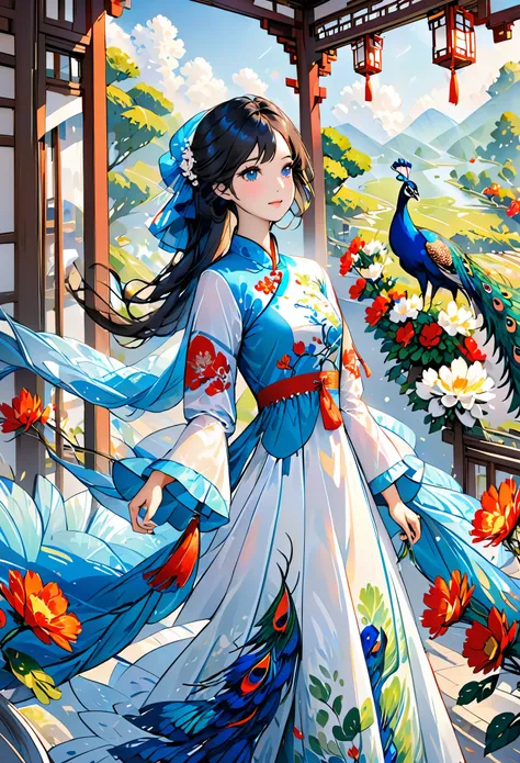 Girls wearing Ao Dai are sewn from thin silk or cotton, White long fitted style，Very rich in details, The peacock pattern on the front of the shirt is very detailed, The girl is standing in a very gorgeous space，There are many details