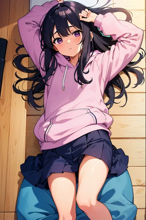 Studio Apartment Rooms　wooden floor　　elementary school girl　8-year-old　flat chest　black hair　long hair　eyes are purple　（（1 person））　Upper body pink long sleeve hoodie　Lower body navy blue miniskirt（（White panties are visible））　white socks　lying on the floo...