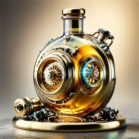 magical botle with oil elixir youth for golden car engine, neutral background, realistic detailed shot