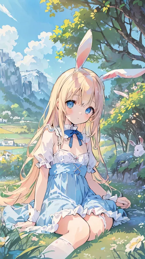 High resolution, (An illustration: 1.3), anime、((highest quality)), (Super detailed), (beautiful), ((Peaceful rural scenery、sunbathing:1.3)), alone,(Young girl with small breasts、8-year-old:1.4)、cute face、(rabbit ears、lolita clothes:1.4),white and transpar...