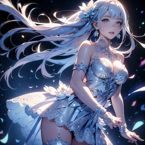 dynamic angle, (1 girl), ((masterpiece:1.4, highest quality)), ((masterpiece, highest resolution)), (beautiful illustrations),(Beautiful semi-long silver hair),cute office lady,  (Elegant mini dress with flower print), (looking at the viewer),
 innocent sm...