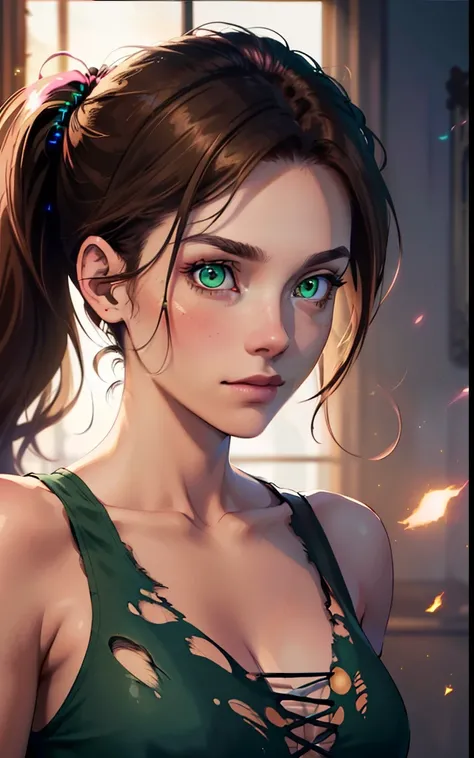 (((Best Quality)), ((Masterpiece)), (Detailed:1.4), 1women, solo, brown hair, Green eyes, pony tail, glowing eyes, , a perfect face, pink torn top, torn shorts, Morning lighting, Casting magic spells, The magic of the wind, Ethereal luminous aura,), big br...