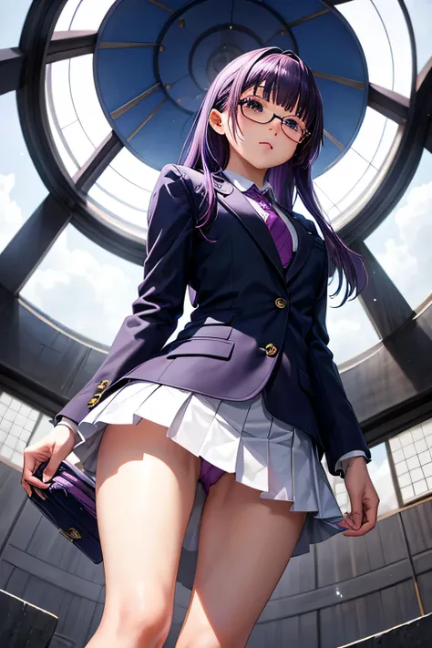 panty shot、blazer、Glasses、Beautiful Girl Magician、purple hair long bob hair、((whole body))、(((photo taken from below)))、school gate