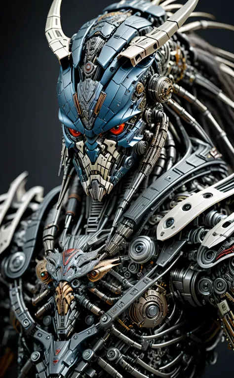 A dark fantasy devil predator,looking at viewer,photographic,ultra detail,full detail,8k best quality,realistic,8k,micro intricate details,predator mixed with terminator , mechanical parts,mecha