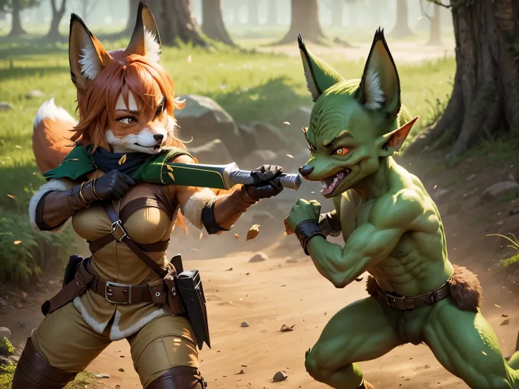 A fox ranger fight aganist a goblin