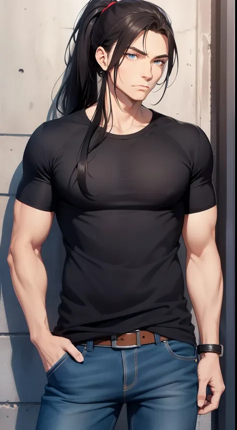 adult man, Long black hair, high ponytail, blue eyes, european, casual clothes, jeans, shirts, anger, Masterpiece, hiquality