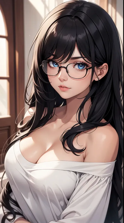 (Best quality:1.1), (Masterpiece:1.2), Highqualityshadow, Beautiful detailed, Beautiful face, Detailed eyes, Off-the-shoulder attire，Depth of field, A high resolution, Best shadow, Best illumination, 1girll, view the viewer, （black color hair:1.3)，long det...