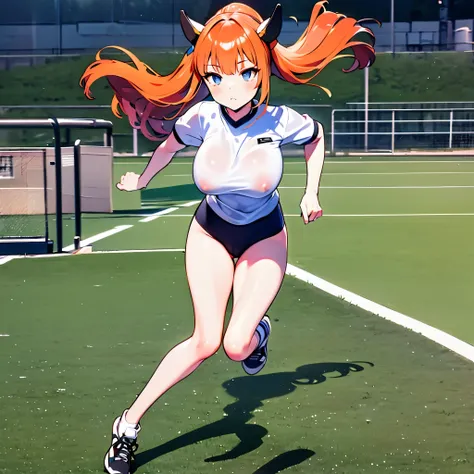 (1 Silence Suzuka running at field,) uma-musume, (solo:1.3), orange long hair, (bouncing unaligned huge breasts:1.2), white gym uniform, (tight short black brm:1.7), cameltoe, skinny, (bared skinny long legs), masterpiece