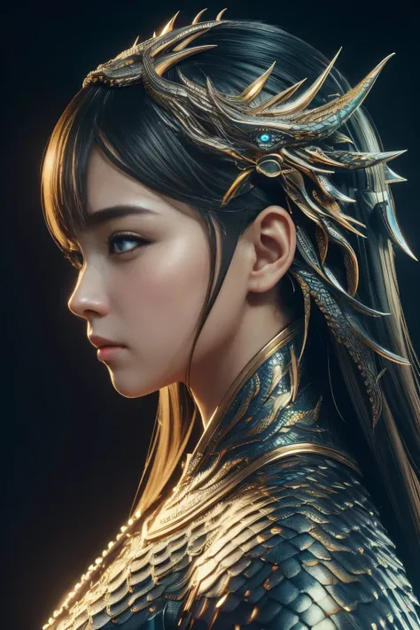 (high quality), (masterpiece), (detailed), 8K, Hyper-realistic portrayal of a futuristic (1girl1.2), Japanese character adorned with dragon scales. Meticulous details capture the seamless blend of tradition and innovation in this visually stunning composit...