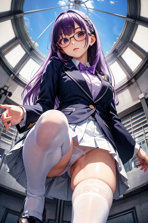 white stockings、panty shot、blazer、Glasses、Beautiful Girl Magician、purple hair long bob hair、((whole body))、(((photo taken from below)))、school gate