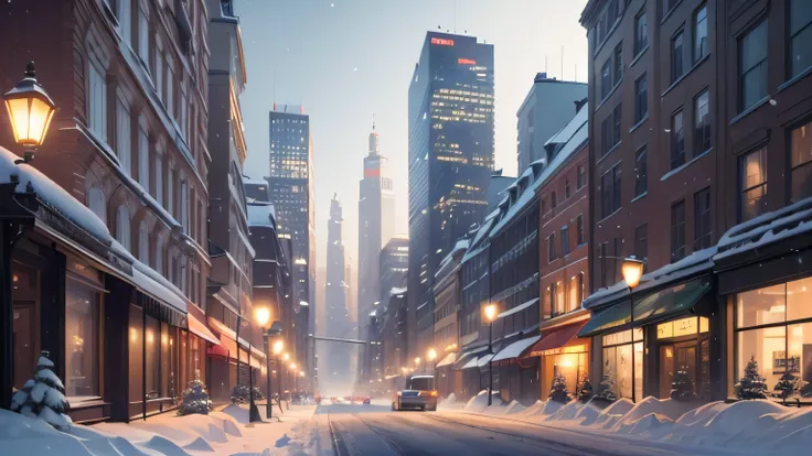 (best quality,4k,8k,highres,masterpiece:1.2),ultra-detailed,realistic, snowy city, winter scene,cityscape, futuristic buildings, busy streets, bustling with activity, snow-covered sidewalks, 