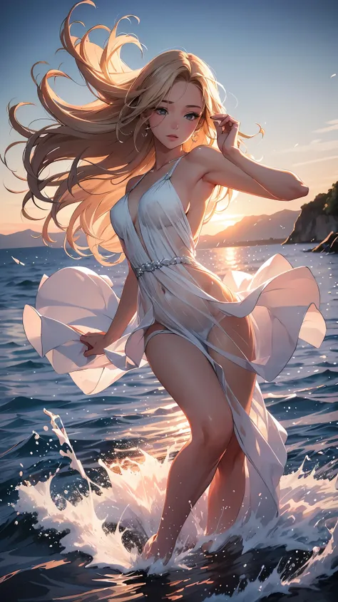 concept:Portrait of a woman dancing on the sea. quality:(最高quality, 4K, 8K, High resolution, masterpiece:1.2), Super detailed, (realistic, フォトrealistic:1.37). illumination:Bright colors, Lens flare, The overall dramatic atmosphere of the scene, 優美なillumina...