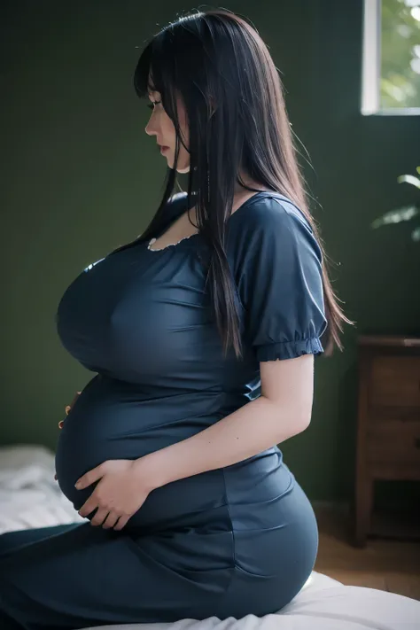 Photorealistic Production, One Person, Realistic Image of a Gorgeous 25 Years Old lady, (huge boobs:1.2),  gigantic , (huge pregnant) , blue dress,short sleeves,Pale Skin, Waist-up Shot, (Blue-Rose:1.2), Blue-Rose Garden, From Front Shot, Cinematic Shot, a...