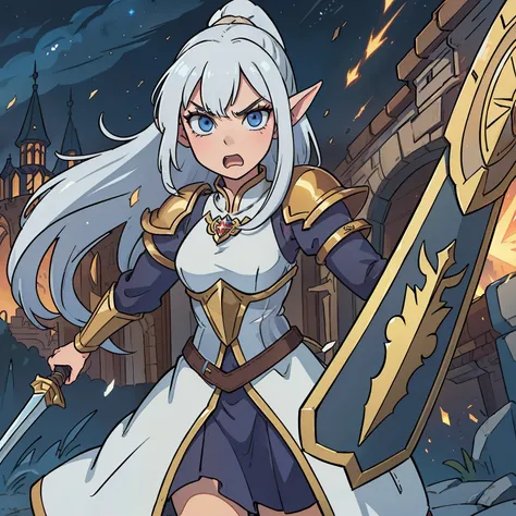 (((masterpiece))), (((best quality))), illustration, single character, game character, rpg character, high elf female character, female elven knight, white plate armor with golden details, ponytail white hair, elven ears, light blue eyes, rage face express...