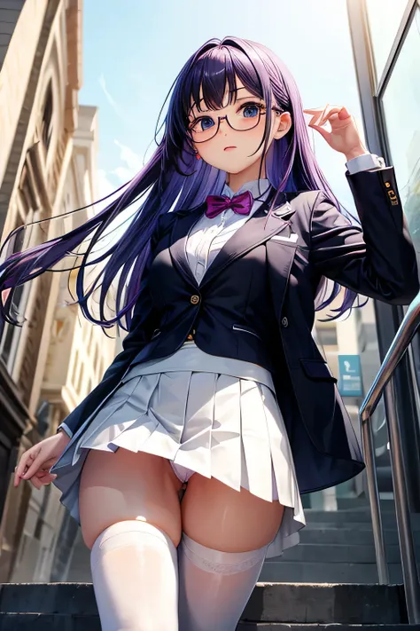 white stockings、panty shot、blazer、Glasses、Beautiful Girl Magician、purple hair long bob hair、((whole body))、(((photo taken from below)))、school gate