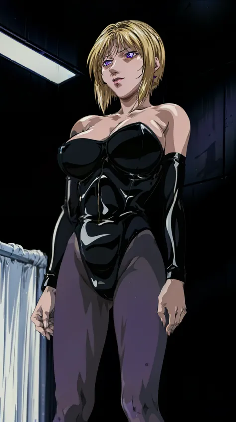 1 girl,NSFW,Kitami Reika, (black bible),blonde, clavicle, absurd, brainwashing,empty eyes,((purple glowing eyes 1.5)),  huge breasts , fearless smile,(black latex tight bodysuit), whole body shape, ((stand up, salute)),(highest quality、4k、8K、High resolutio...