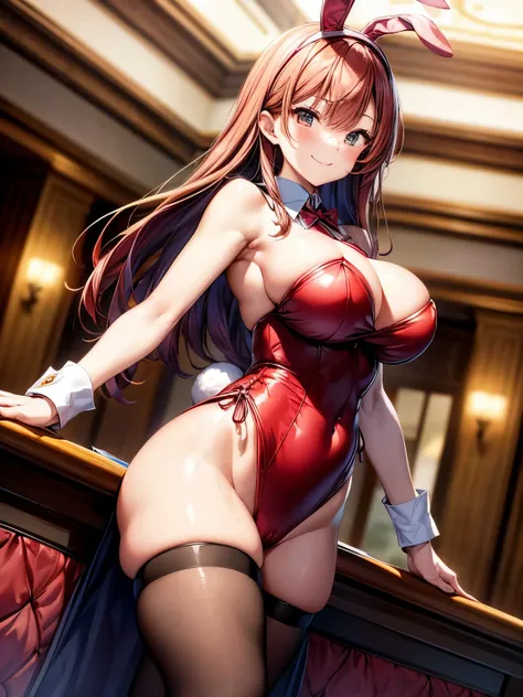 highest quality、red hair woman、straight hair woman、Slender beauty、1 female、(big breasted woman:1.3)、Bunny girl、(赤色のBunny girlレオタードを着た女性:1.3)、(woman wearing brown pantyhose:)、big smile、casino、slot、poker table、roulette、hands on hips