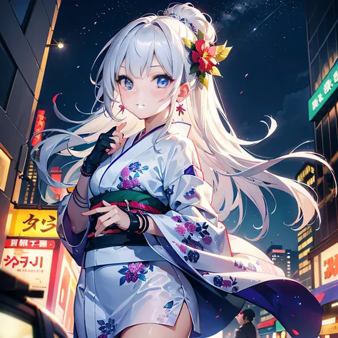 dynamic angle, (1 girl), ((masterpiece:1.4, highest quality)), ((masterpiece, highest resolution)), (beautiful illustrations),(Beautiful semi-long silver hair),cute office lady,  (Elegant kimono with floral pattern), (looking at the viewer),
 innocent smil...