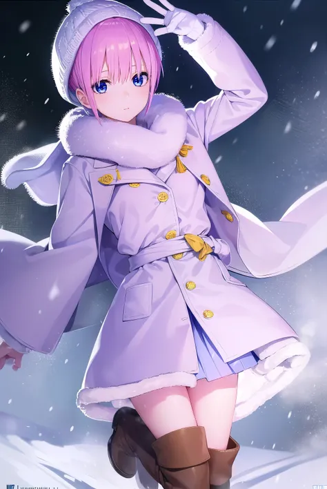 ichikanakano, ichika nakano, short hair, bangs, blue eyes, hair between eyes, pink hair,knit hat,Yellow coat,white scarf,white sweater,fluffy gloves,long skirt,short boots,It&#39;s snowing,snow is falling,winter,cold sky,月

break looking at viewer, whole b...