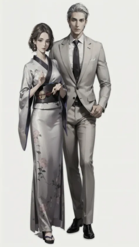 arafed image of a man and woman in a kimono, ayami kojima and greg rutkowski, an elegant couple, style game square enix, sakimichan and frank franzzeta, very detailed and rich clothing, platinum attire, porcelain japanese mannequins, intricate suit, formal...