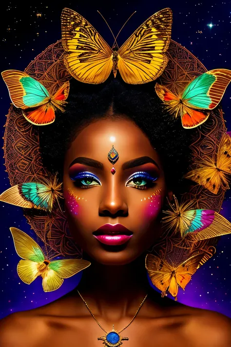 A captivating surreal photography album cover featuring an otherworldly African black woman surrounded by an array of vibrant, colorful moths. The woman, adorned with intricate tribal markings and wearing traditional attire, emanates an aura of mystery and...