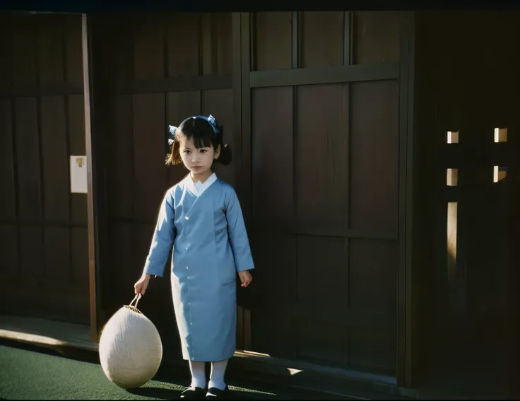 Adult japanese female wearing long-sleeved shirt. She is extremely tiny stature. Her looks like association ball. 1964. Japan, Kashihara. color slide film.