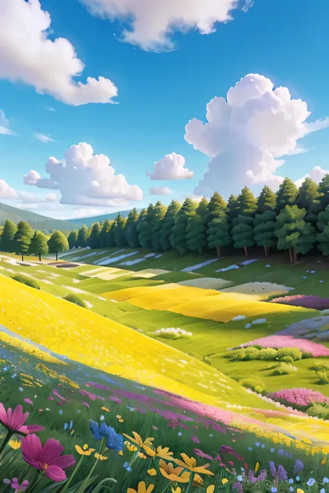 A sunny meadow with colorful wildflowers scattered around. The scene is set with a clear blue sky and a few fluffy white clouds drifting lazily by