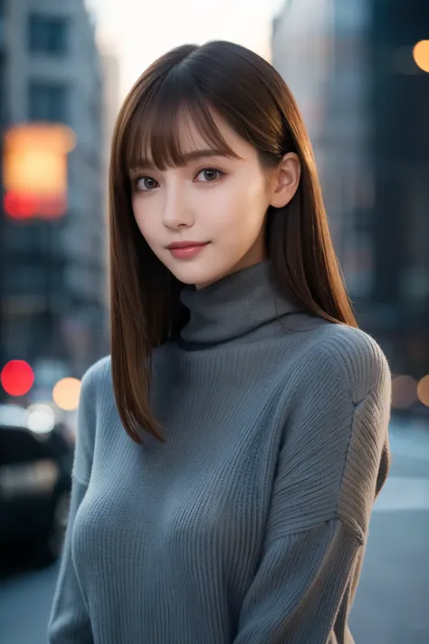 one 19 year old girl, (Dark gray turtleneck thin sweater), Raw photo, highest quality, photorealistic, very delicate and beautiful, very detailed, 8K wallpaper, High resolution, soft light, very detailed目と顔, beautifully detailed nose, detailed and beautifu...