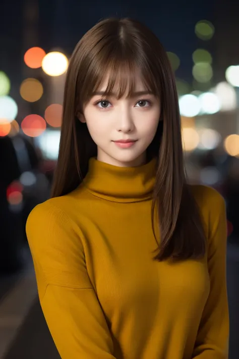 one 19 year old girl, (dark yellow turtleneck thin sweater), raw photo, highest quality, photorealistic, very delicate and beaut...