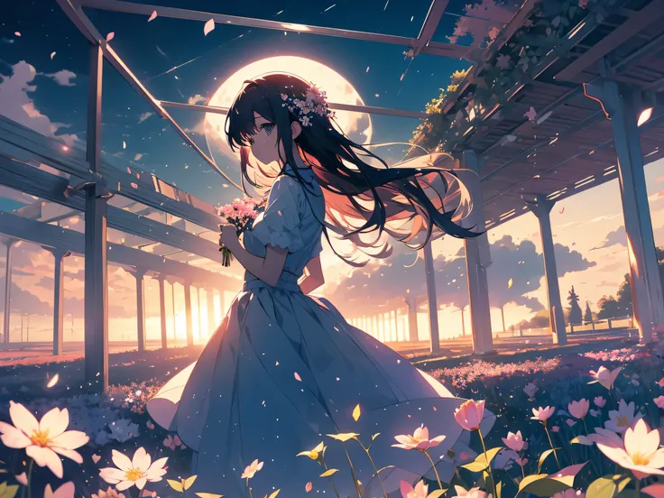 (highest quality、masterpiece、High resolution、be familiar with)、(shining eyes、be familiar with美しい顔)、There is a girl Standing in a flower garden looking up at the sky, a girl Standing in a flower garden, girl walking in a flower field, I wandered into a drea...