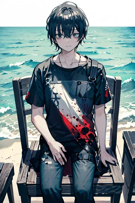 horizon,on the shore,sea, 1 man sitting on a chair, looking at viewer, blood stained t-shirt, in center,