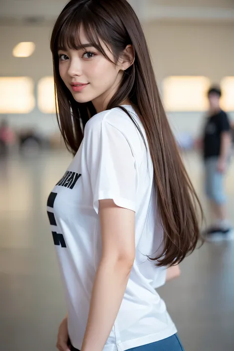 highest quality, masterpiece, 8k, ultra high resolution, (realistic: 1.4), 1 girl, beautiful face, symmetrical eyes, big, perfect body proportions, ((long hair))、((brown hair、bangs)), Fashion Model、(T-shirt、casual fashion)、the gaze of the beholder, (fashio...