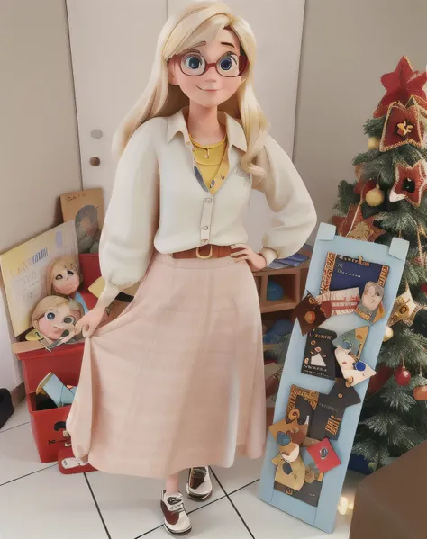 A blonde woman with Pixar-style glasses 