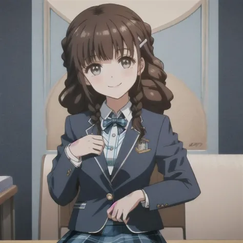 highest quality, (masterpiece:1.2), very detailed,A beautiful girl with a bright and cheerful atmosphere, Only one beautiful girl sitting、Looking at the viewer and smiling, glossy lips, nice smile, big brown eyes, (((dark brown hair))), 15 years old, big s...