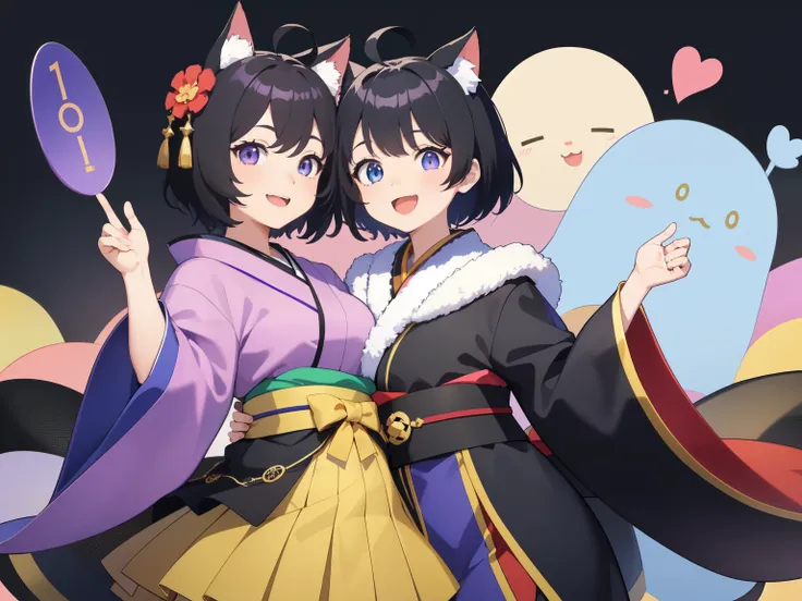 2 people、 1st man, open your mouth, smile, Virtual YouTuber、((highest quality, expensive_solve, clear_image)),(black hair), (Ahoge), (ridiculously short hair), (purple eyes),、laughter、((front))、((Men))、random pose、Dressed in kimono、2 people目、 2 people目女の子,...