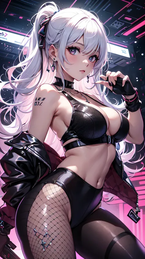 最high quality、best image quality、masterpiece、girl((20-year-old、 By becoming、vest bust、medium bust,wide open breast tea、shining eyes, silver hair、long hair、thin,highest valley、black sports bra、black sports pants、shoulder tattoo,diamond earrings、Wristband、bl...